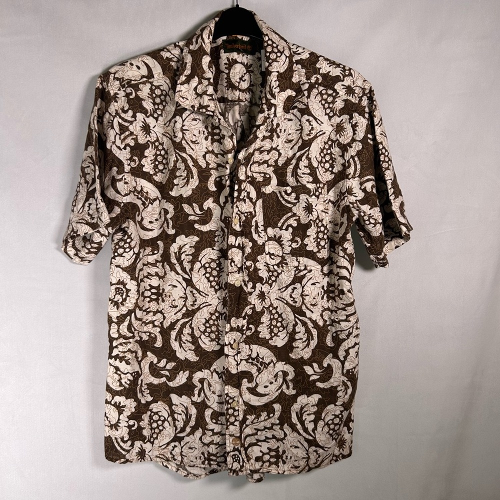 Men’s Timberland Brown & White Linen Button Down Short Sleeve Aloha Shirt Size L